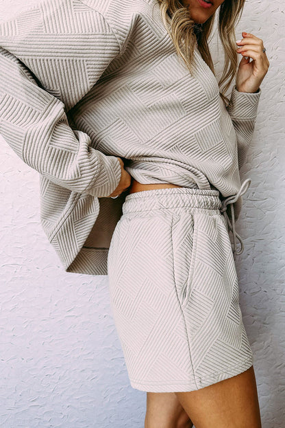 Brown Textured Long Sleeve Top and Drawstring Shorts Set