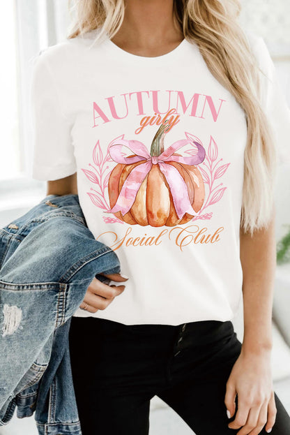 Witte herfst meisjesachtige Thanksgiving strik pompoen grafische T-shirt