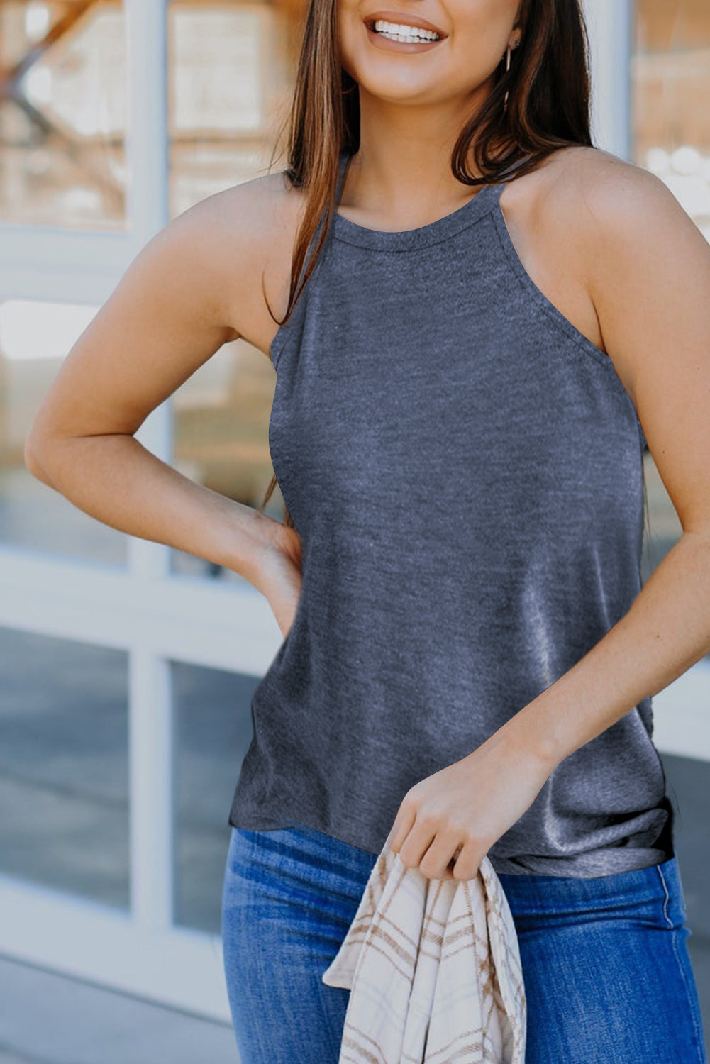 White Solid Color Crew Neck Tank Top