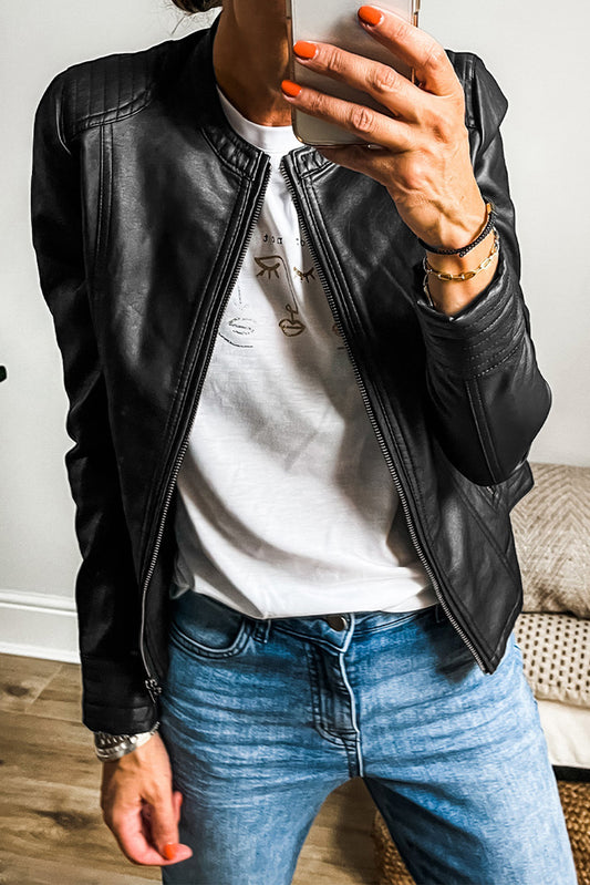 Veste bomber slim en similicuir noir uni avec fermeture éclair