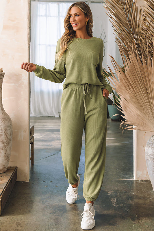 Laurel Green Waffle Knit Lange Mouw Top Trekkoord Joggingbroek Set