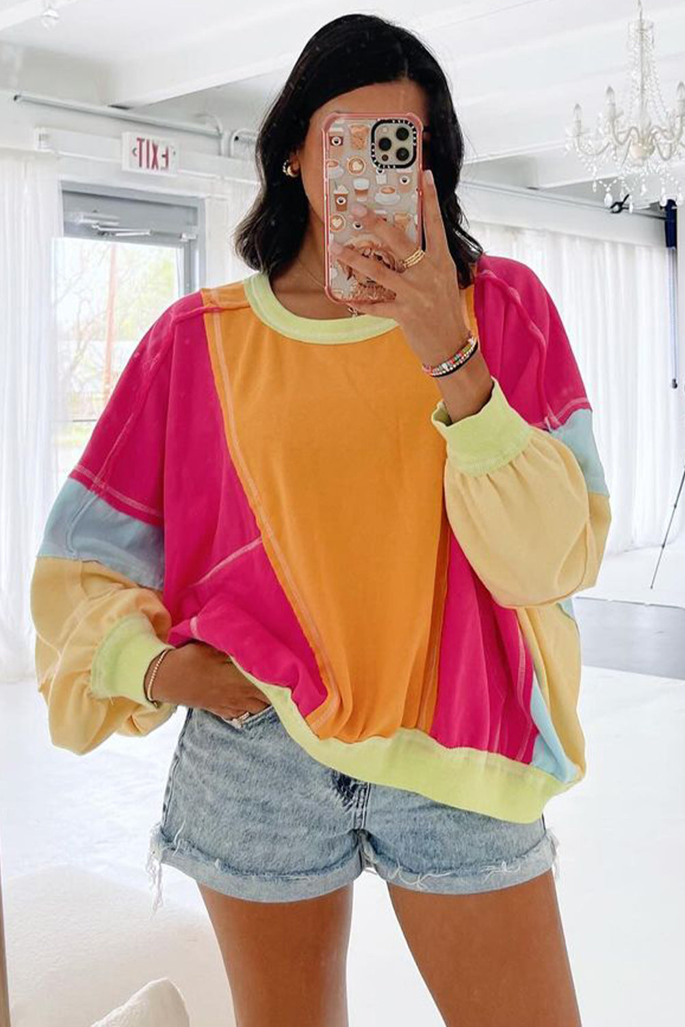 Rozerood Plus Size Colorblock Patchwork Sweatshirt met zichtbare naden