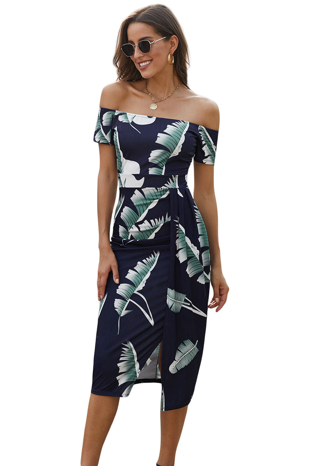 Zwarte patroonprint off shoulder split bodycon midi-jurk