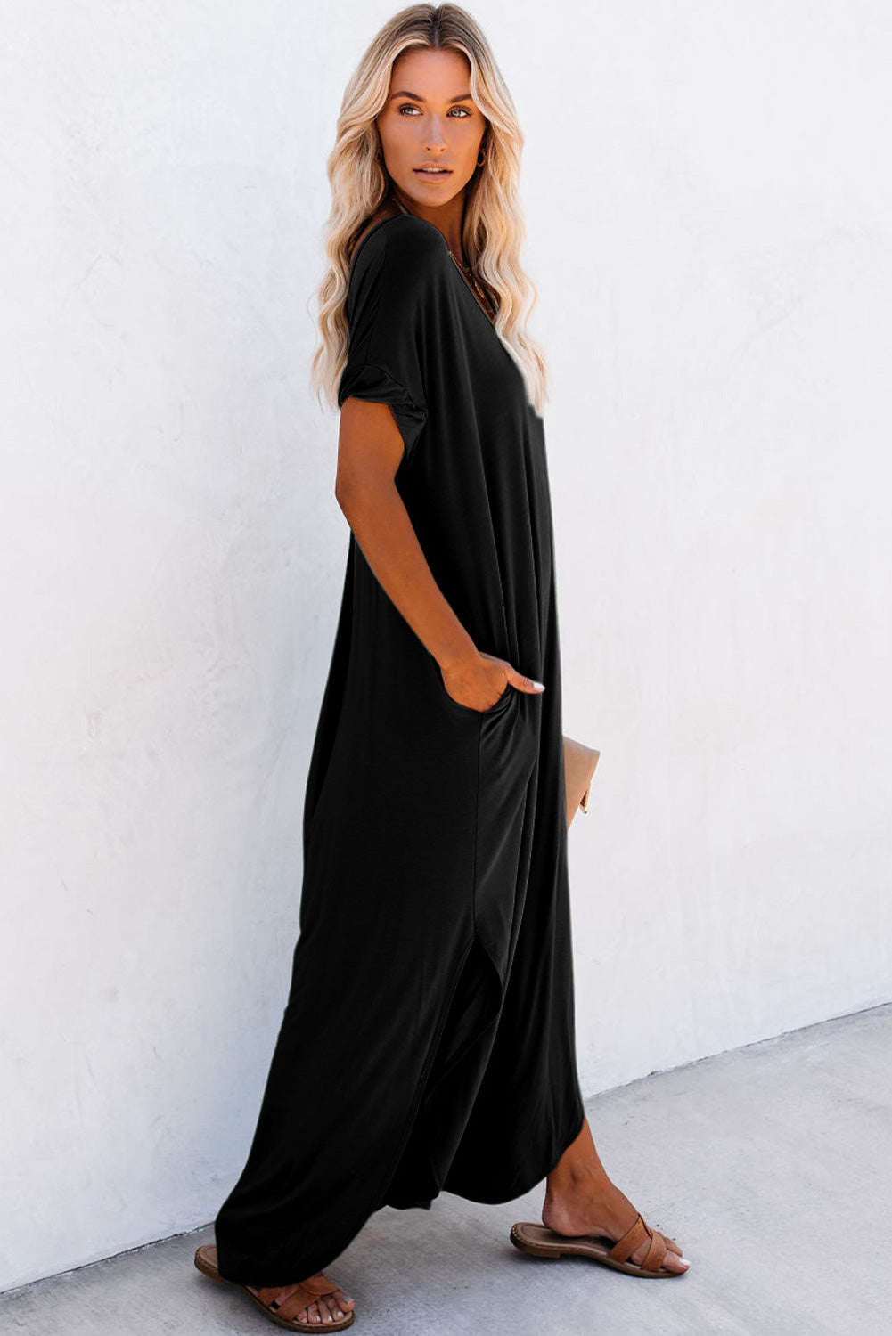 Black V Neck Hidden Pocket Splits Maxi T-shirt Dress