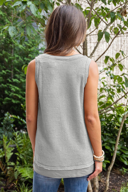 White Scoop Neck Waffle Knit Flowy Vest