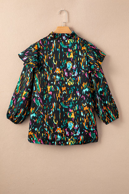 Blouse met veelkleurige abstracte print, 3/4 pofmouwen en ruches