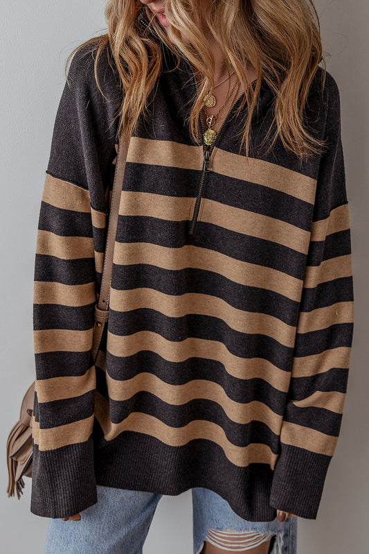 Black Stripe Collared Quarter Zipper Oversized Sweater