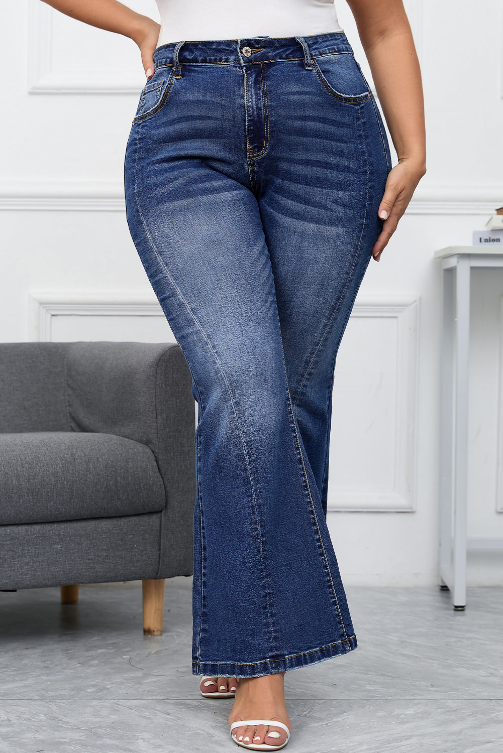 Donkerblauwe Plus Size Gestikte Gewassen Flare Jeans