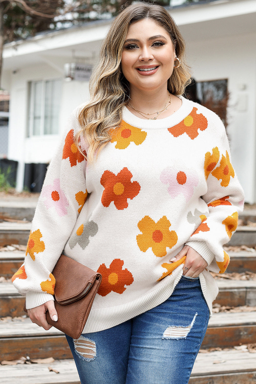 Witte plus size bloemenpatroon geribbelde casual trui