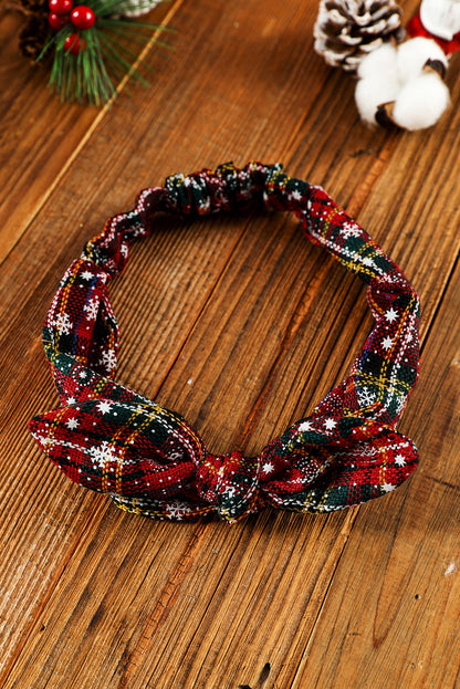 Burgundy Christmas Plaid Snowflake Print Bow Hair Tie