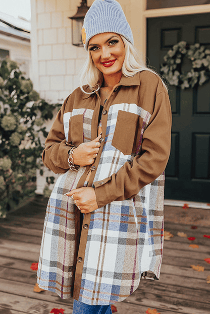 Khaki Plaid Patchwork Lange Mouw Shirt Mini Jurk