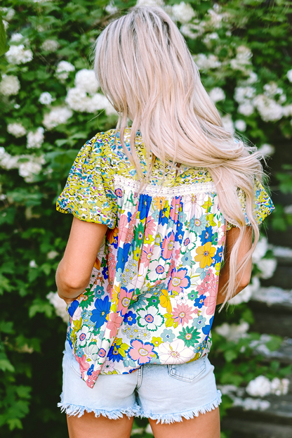 Rozerode bubbelmouw kantversiering bloemenmix blouse