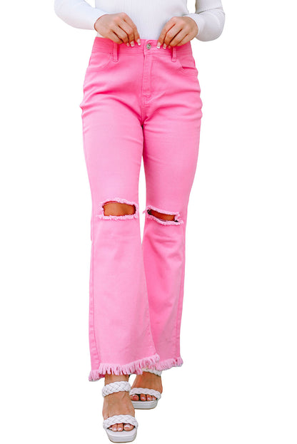 Roze Vintage Hoge Taille Flare Leg Ripped Raw Hem Jeans