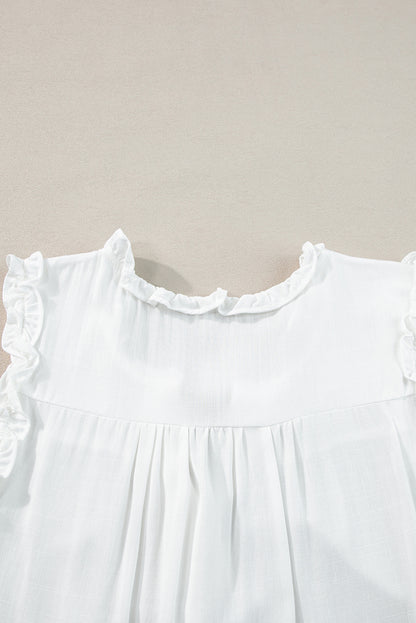 White Button Split Neck Ruffled Trim Tank Top