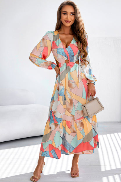 Multicolor Abstract Print O-ring Uitgesneden Lange Mouw Maxi Jurk