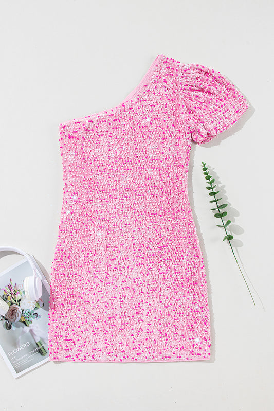 Mini-robe moulante à sequins et manches bouffantes à une épaule rose