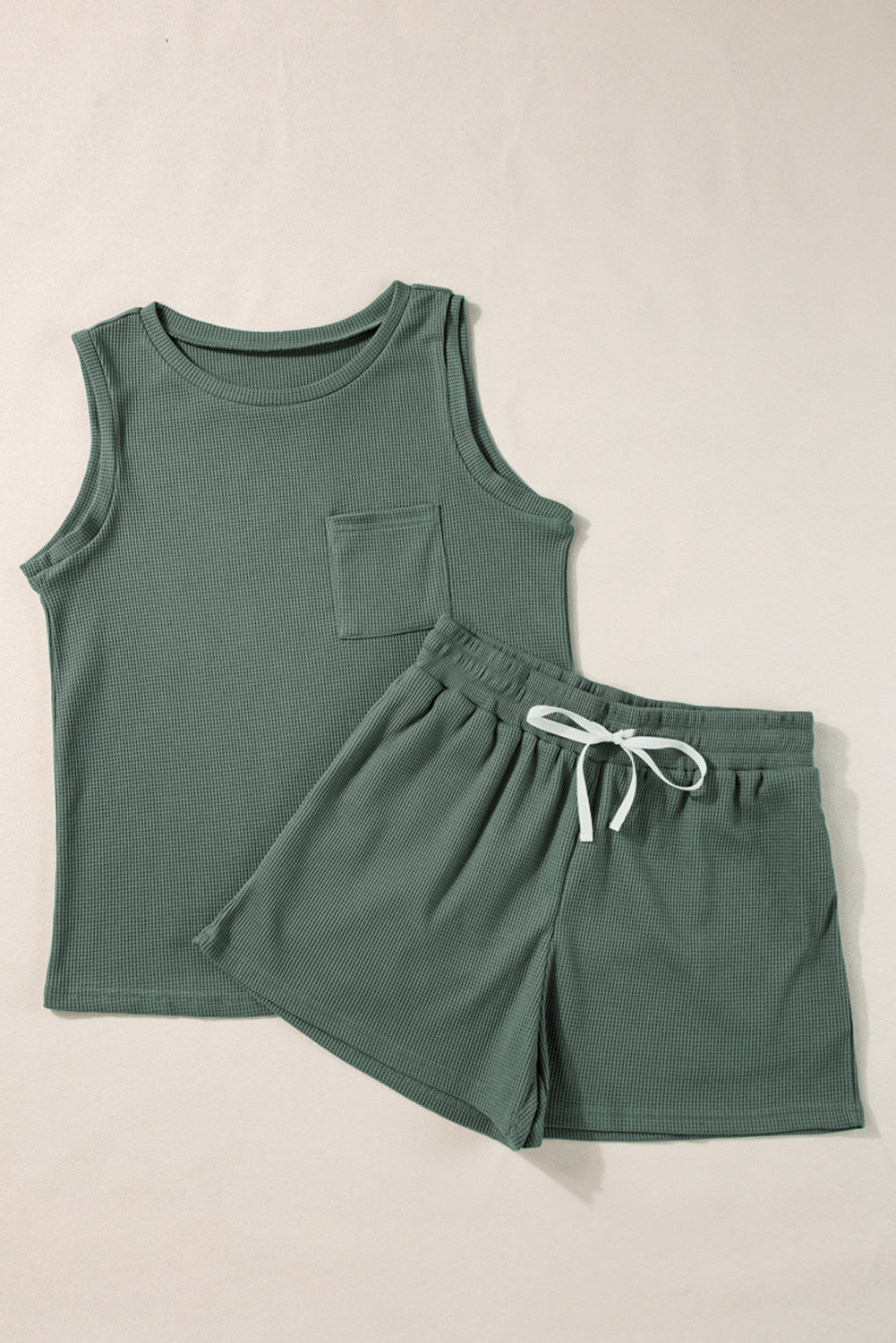 Mist Green Waffle Knit Patched Pocket Tank en Drawstring Shorts Set