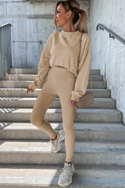 Beige effen sweatshirt en legging tweedelige set