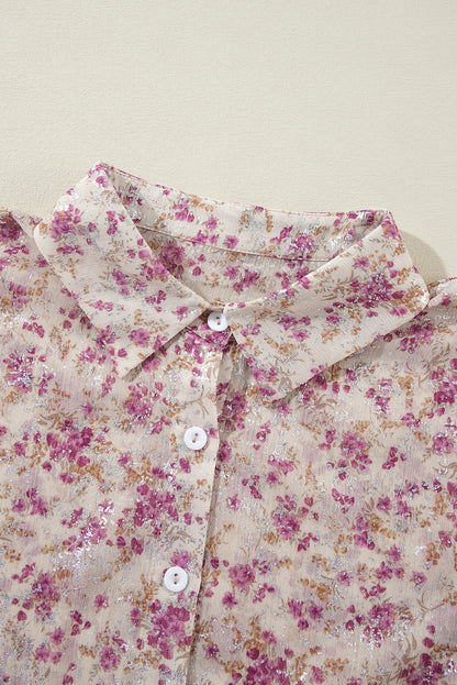 Pink Floral Print Bishop Sleeve Collared V Neck Shirt