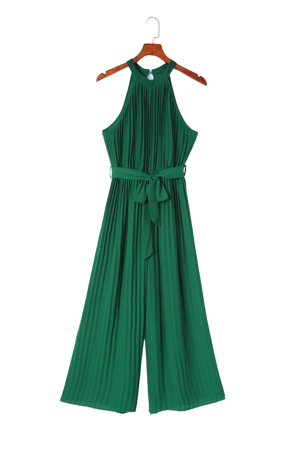 Groene halternek geplooide wijde jumpsuit met riem