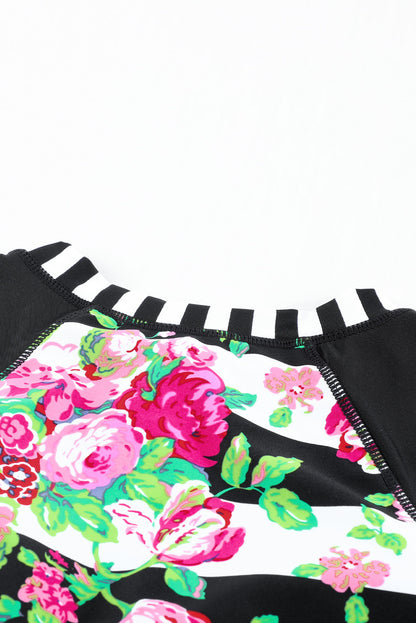 Bloemen gestreept patchwork rashguard eendelig badpak