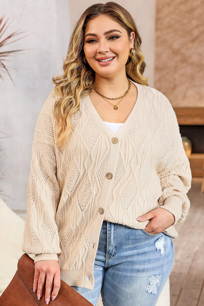 Abrikoos Plus Size Gebreid Uitgehold Knoopsluiting Cardigan