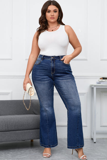 Donkerblauwe Plus Size Gestikte Gewassen Flare Jeans