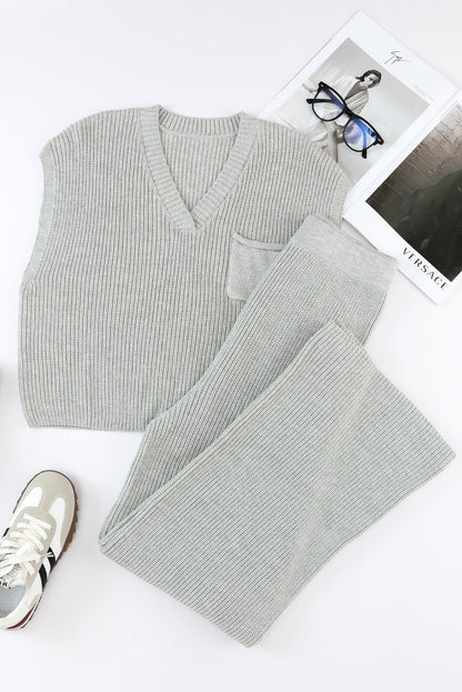 Green Knitted V Neck Sweater and Casual Pants Set