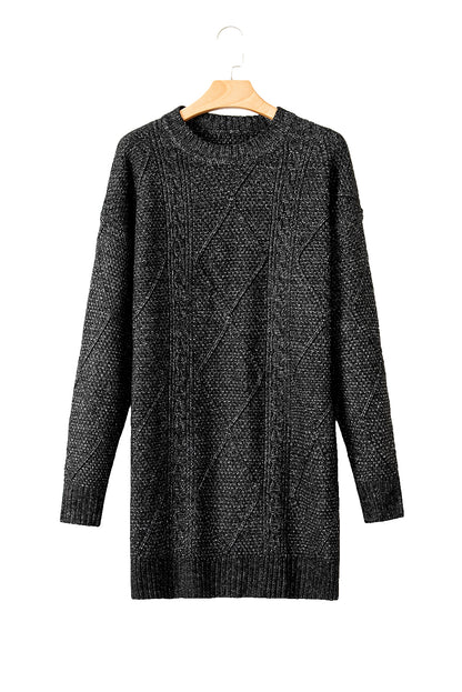 Black Cable Knit Drop Shoulder Loose Fit Sweater Dress