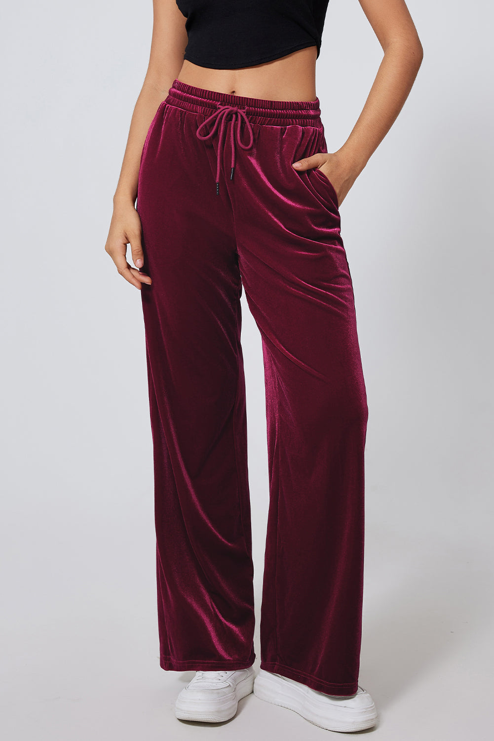 Burgundy Solid Drawstring Waist Wide Leg Pants