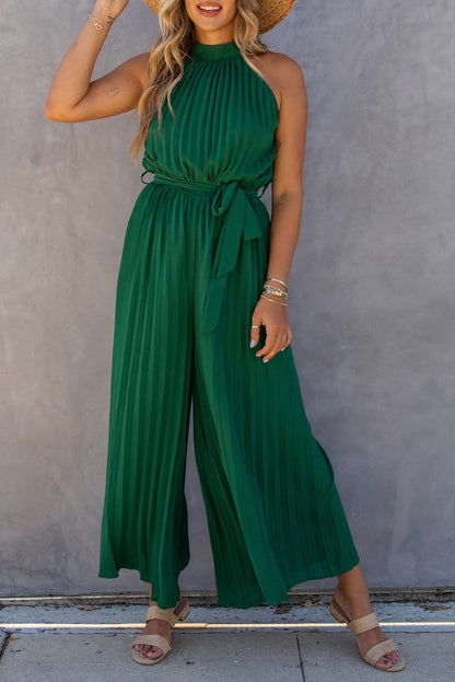 Groene halternek geplooide wijde jumpsuit met riem