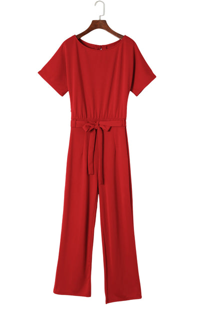 Blauwe jumpsuit met wijde pijpen en riem