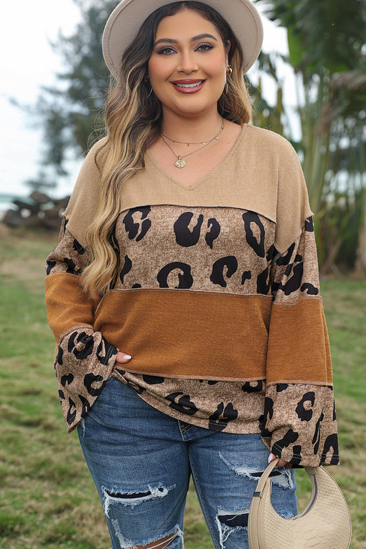 Light French Beige Plus Size Leopard Colorblock Patchwork Wide Sleeve Top