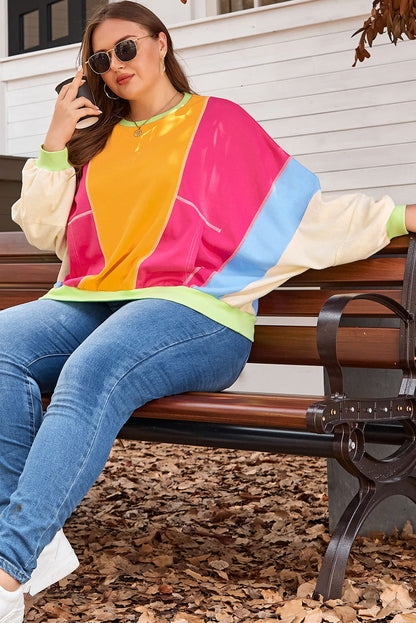 Rozerood Plus Size Colorblock Patchwork Sweatshirt met zichtbare naden