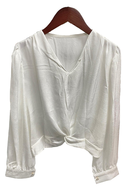 Witte V-hals crop blouse met elastische gedraaide zoom