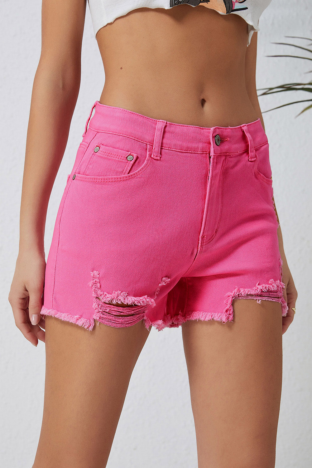 Rozen Versleten Slim Fit Hoge Taille Denim Shorts