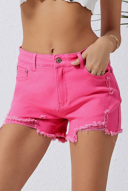 Rozen Versleten Slim Fit Hoge Taille Denim Shorts