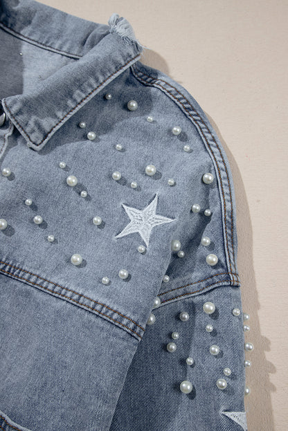 Zwarte distressed pearls ster cropped denim jack