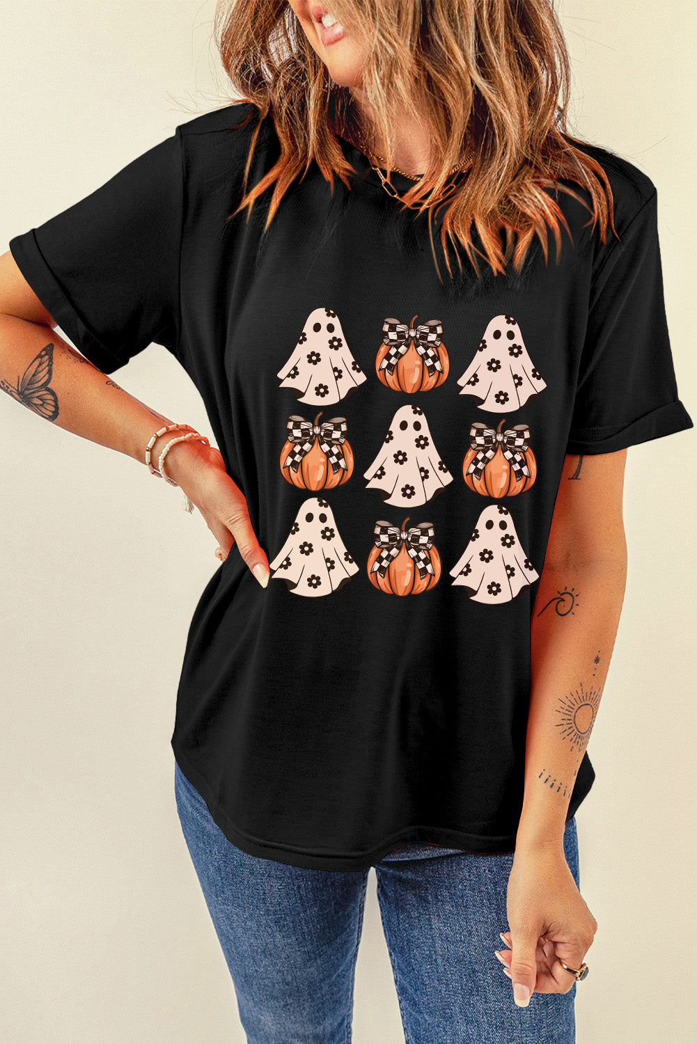 Zwarte Halloween Ghost Pumpkin Print Crew Neck T-shirt