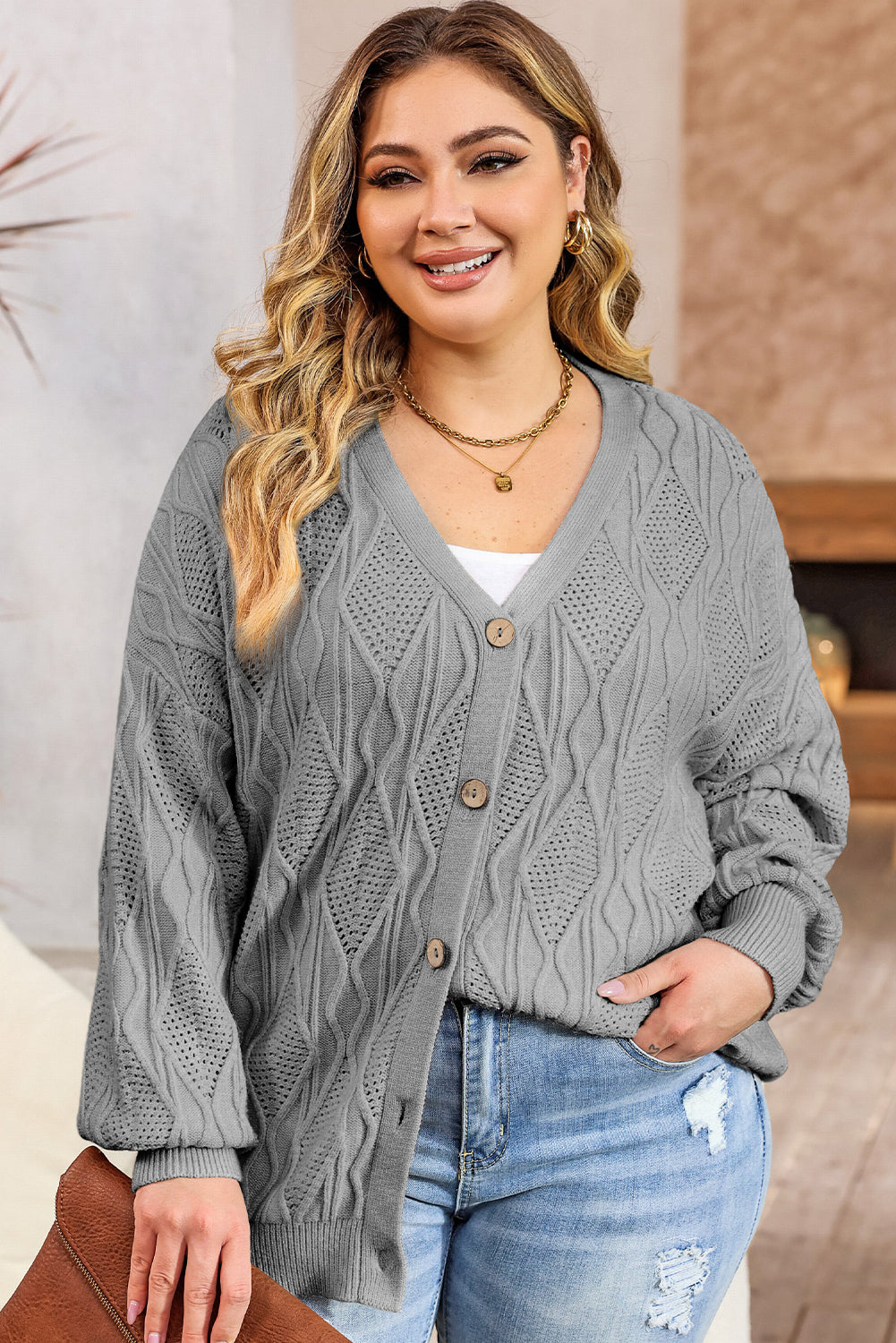 Abrikoos Plus Size Gebreid Uitgehold Knoopsluiting Cardigan