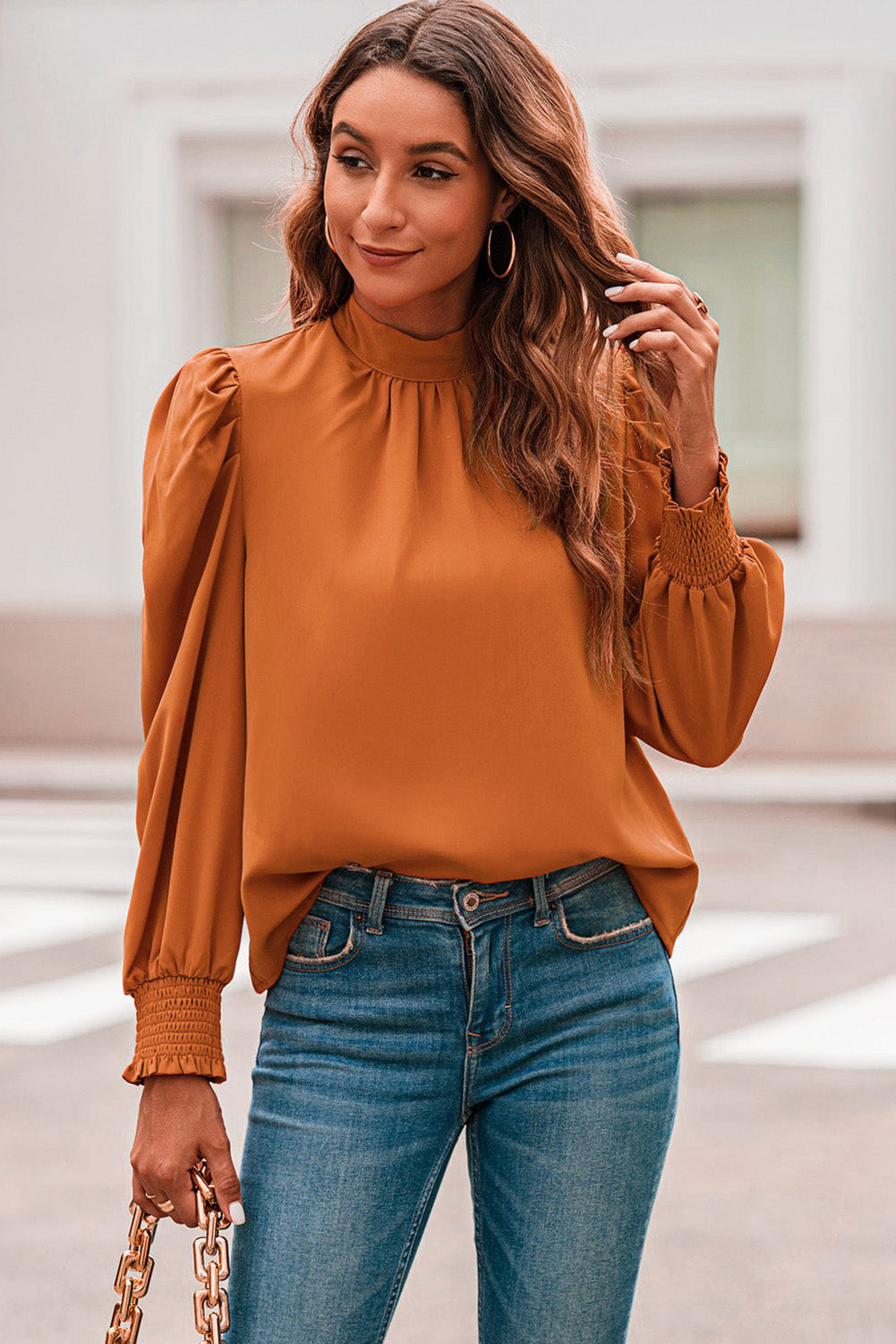 Oranje lange bubbelmouw nephals chiffon blouse