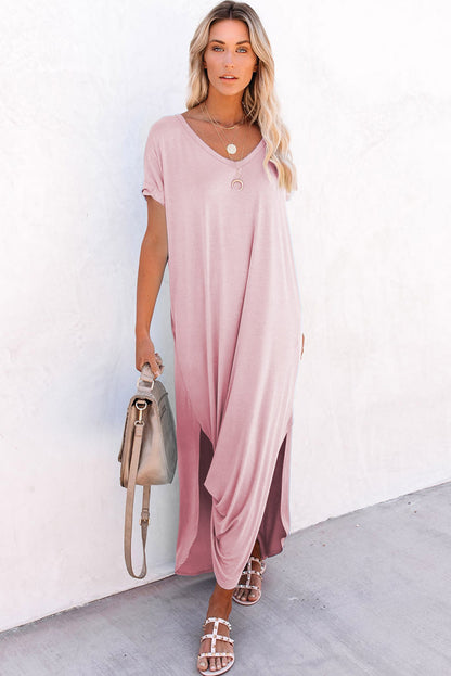 Black V Neck Hidden Pocket Splits Maxi T-shirt Dress