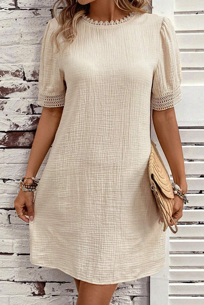 Beige gekreukte kanten afwerking pofmouw shift mini-jurk