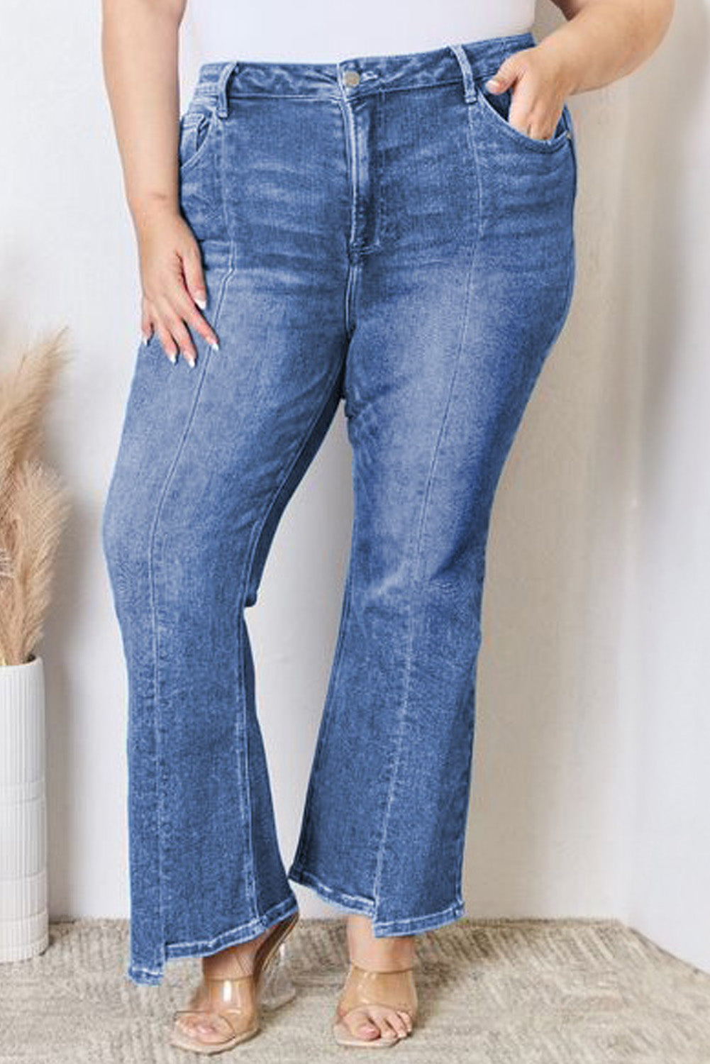 Blauwe Plus Size Open Naad Hoge Taille Flare Jeans