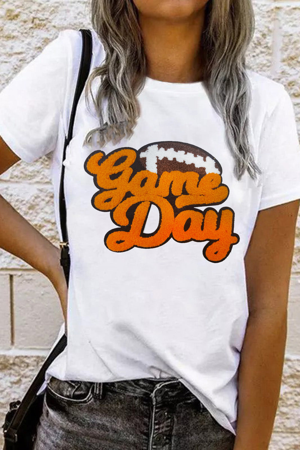 Wit Chenille Game Day Rugby Football Patroon Crewneck T-shirt