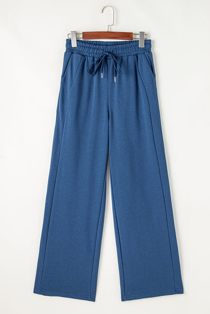 Sail Blue Drawstring High Waist Wide Leg Pocketed Sweatpants