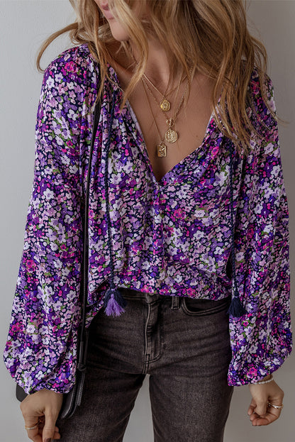 Paarse Boho Bloemen Split V Hals Bubbel Mouw Blouse