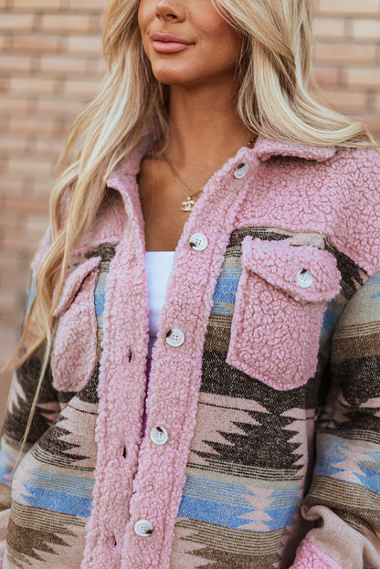 Roze Western Aztec Print Sherpa Splicing Geknoopte Jas met Klepzakken