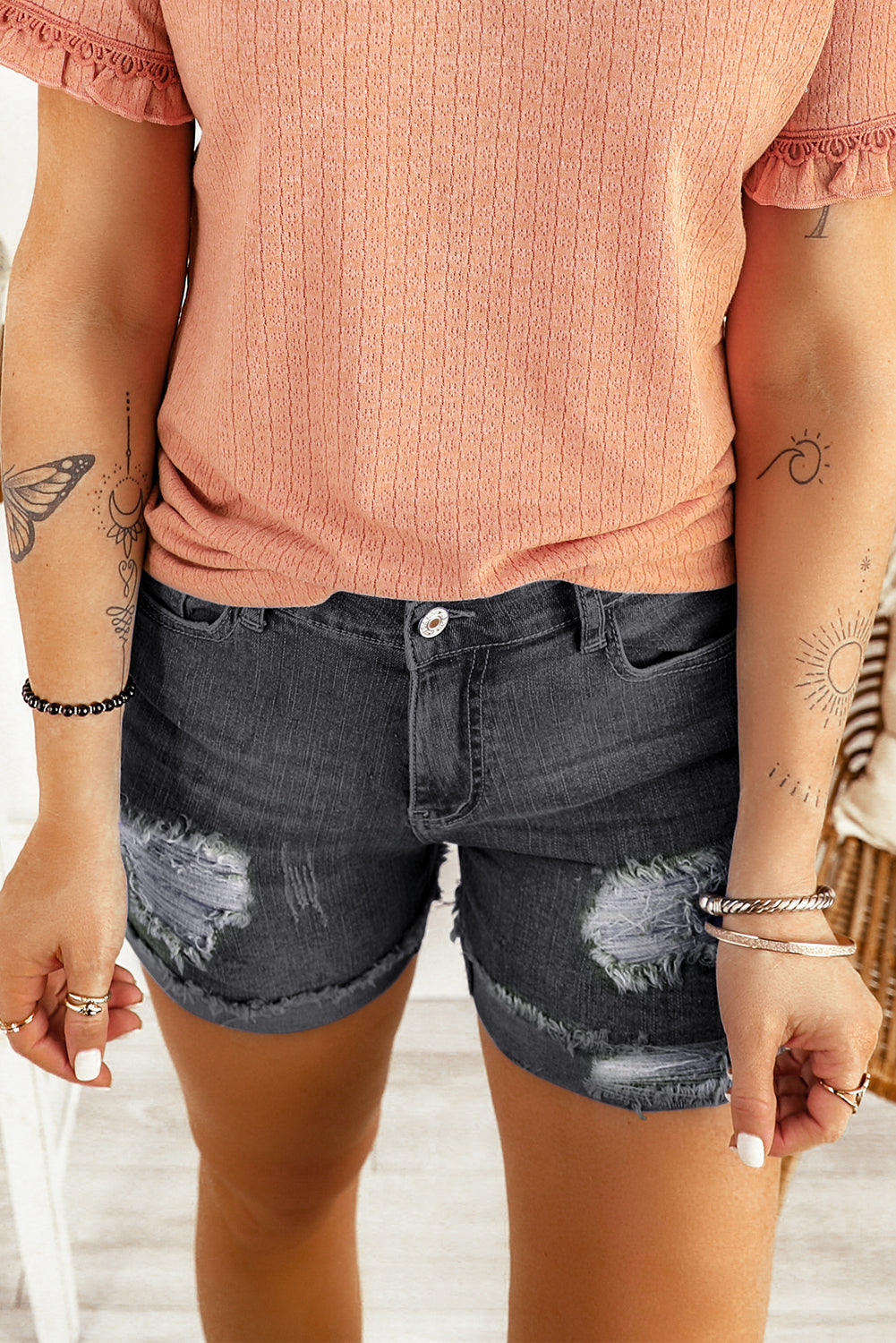 Distressed Ripped Rolled Hem Blue Denim Shorts