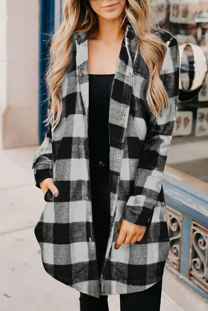 Brown Turn-down Collar Plaid Shirt Coat